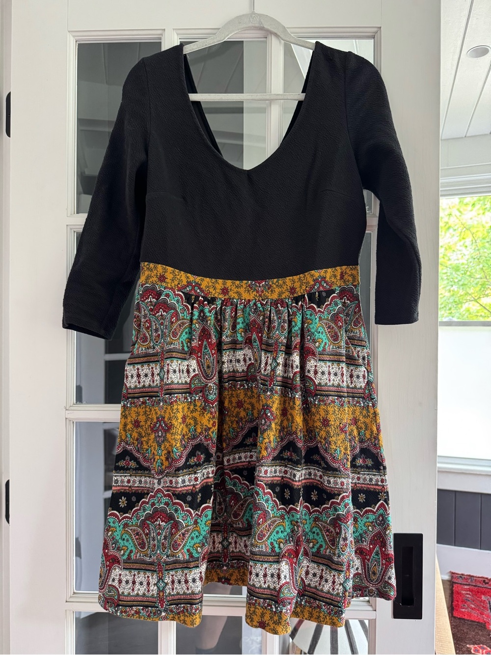 Maeve Black Bodice Paisley-Print Fit & Flare Dress with Mustard and Teal Accents
